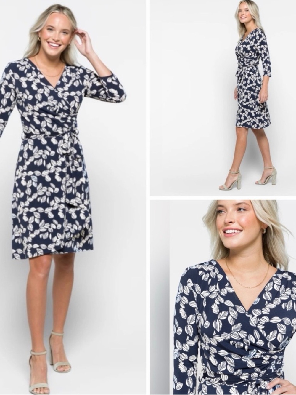 41 Hawthorn Navy and White Leaf-Print Wrap Midi Dress